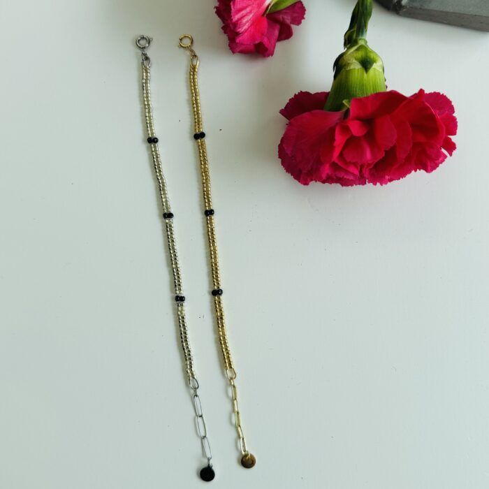 herringbone bracelet gold, silver, black spinel