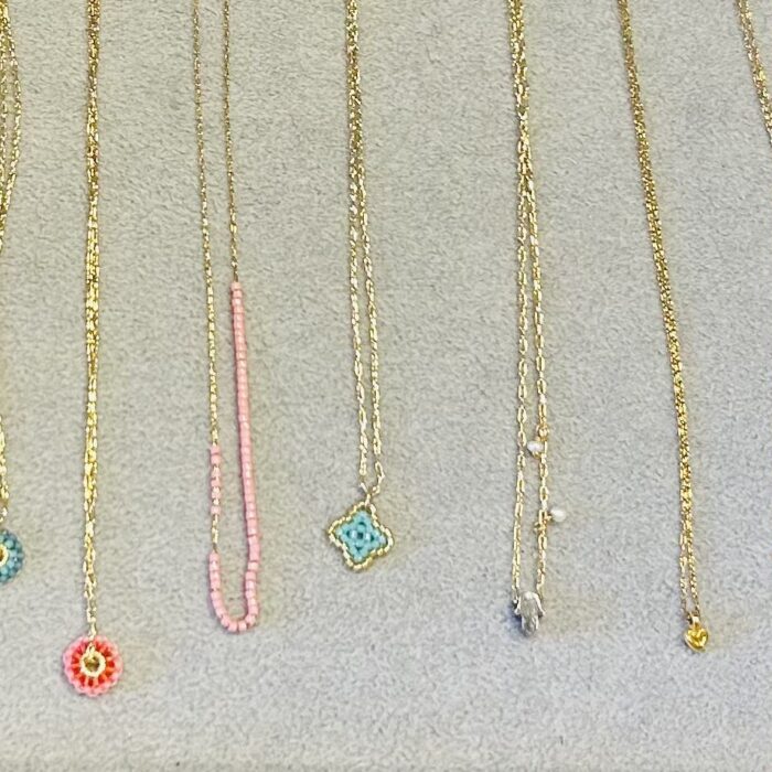 clover turquoise, floating necklace pink, floating heart gold, candy watermelon
